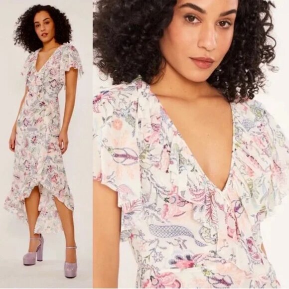 Cinq a Sept Sheilla Ruffle Trim Floral Print V-Neck Midi Dress Size 10 - Picture 1 of 14